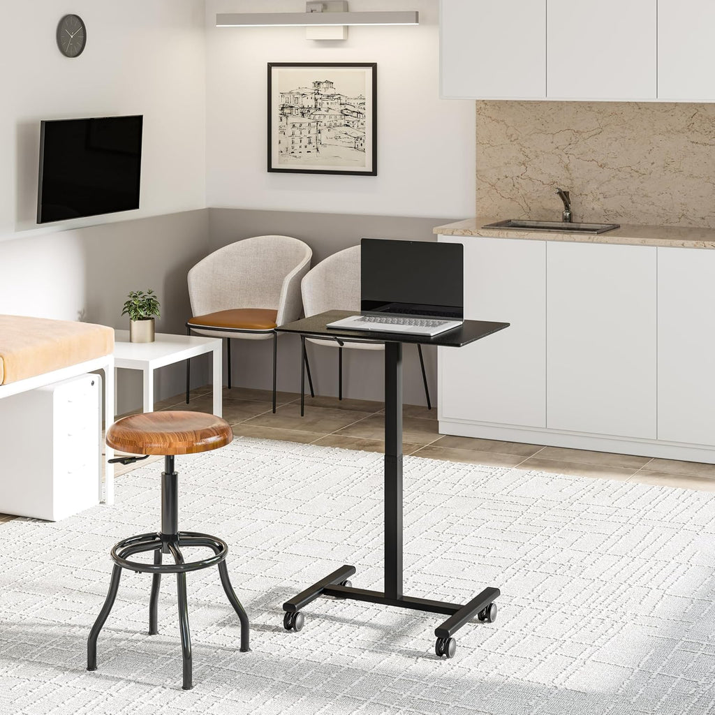 Seville Classics Airlift Height Adjustable Pneumatic Laptop Sit Stand Desk Mobile Rolling Cart, Computer Workstation for Home Office, Classroom, Black, 25.6' Desktop