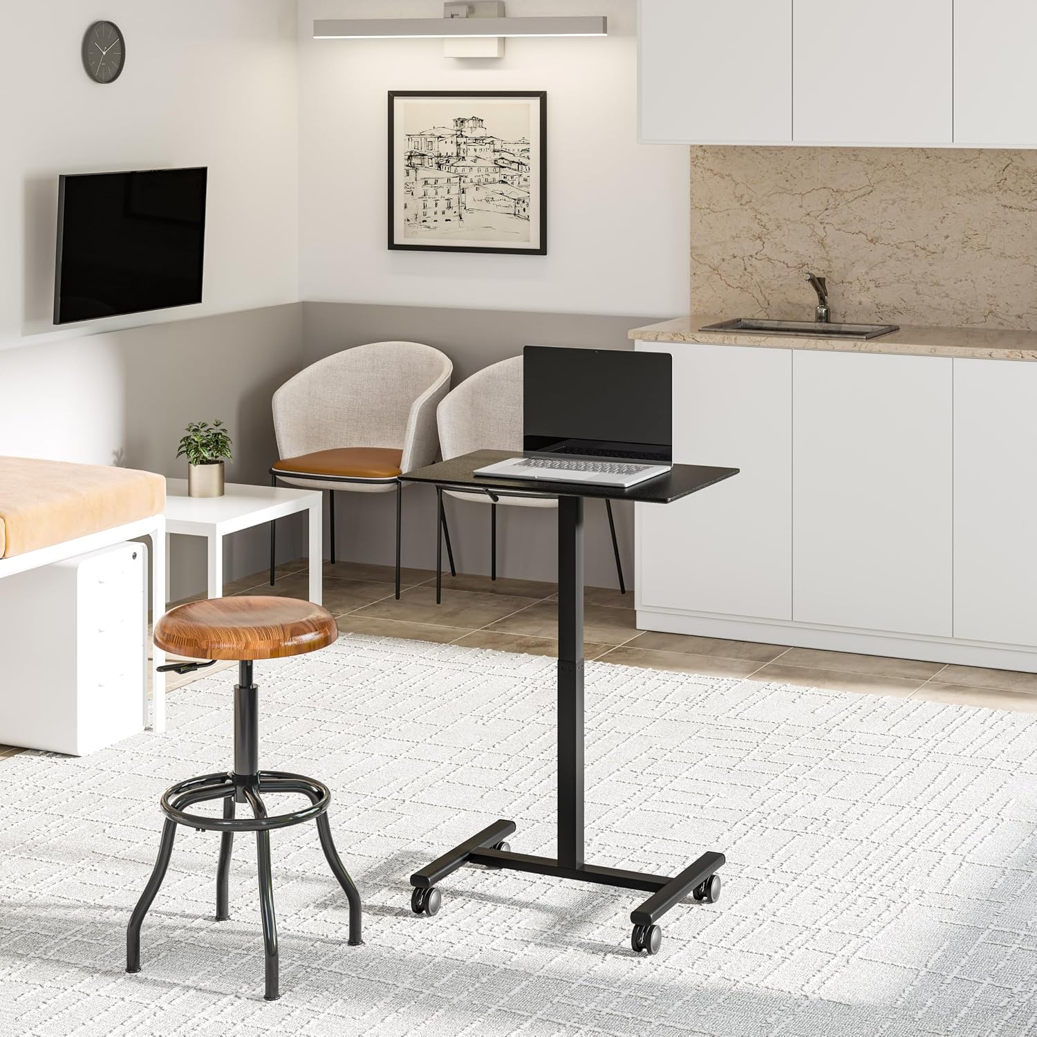 Seville Classics Airlift Height Adjustable Pneumatic Laptop Sit Stand Desk Mobile Rolling Cart, Computer Workstation for Home Office, Classroom, Black, 25.6' Desktop