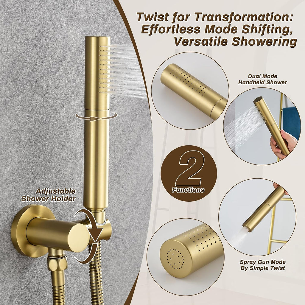 Shower System with Tub Spout, 3 Functions 10' Round Wall Mounted Rain Shower System, High-Pressure Rain Shower Head with 2 Modes Handheld Spray, Brushed Gold Shower Systems