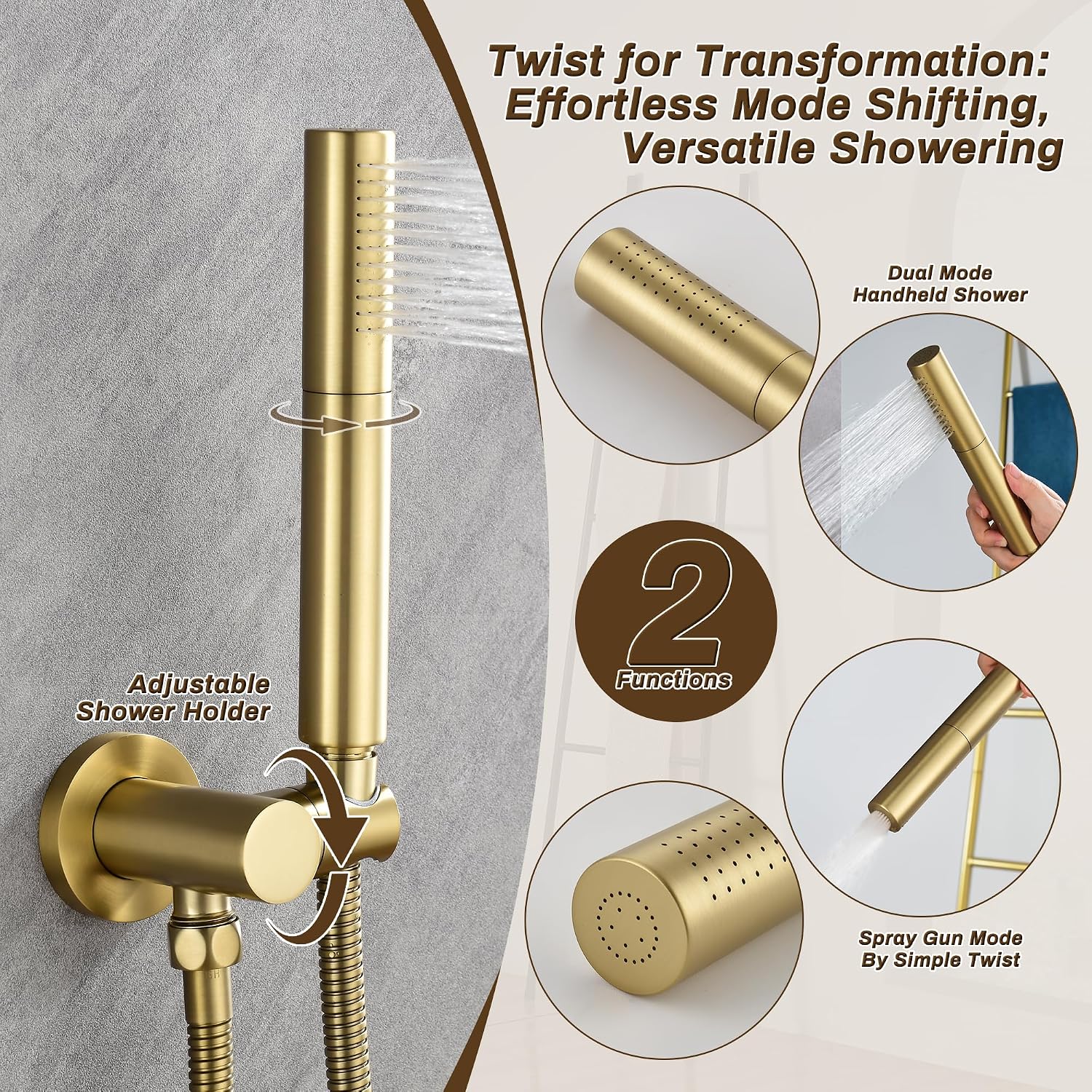 Shower System with Tub Spout, 3 Functions 10' Round Wall Mounted Rain Shower System, High-Pressure Rain Shower Head with 2 Modes Handheld Spray, Brushed Gold Shower Systems