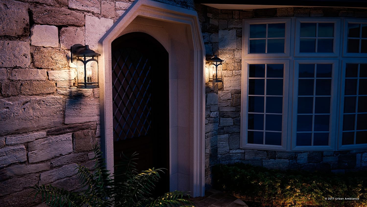 Urban Ambiance Luxury Rustic Outdoor Wall Light, Medium Size: 14.5' H x 9' W, with Colonial Style Elements, Wrought Iron Design, High-End Black Silk Finish and Seeded Glass, UQL1102