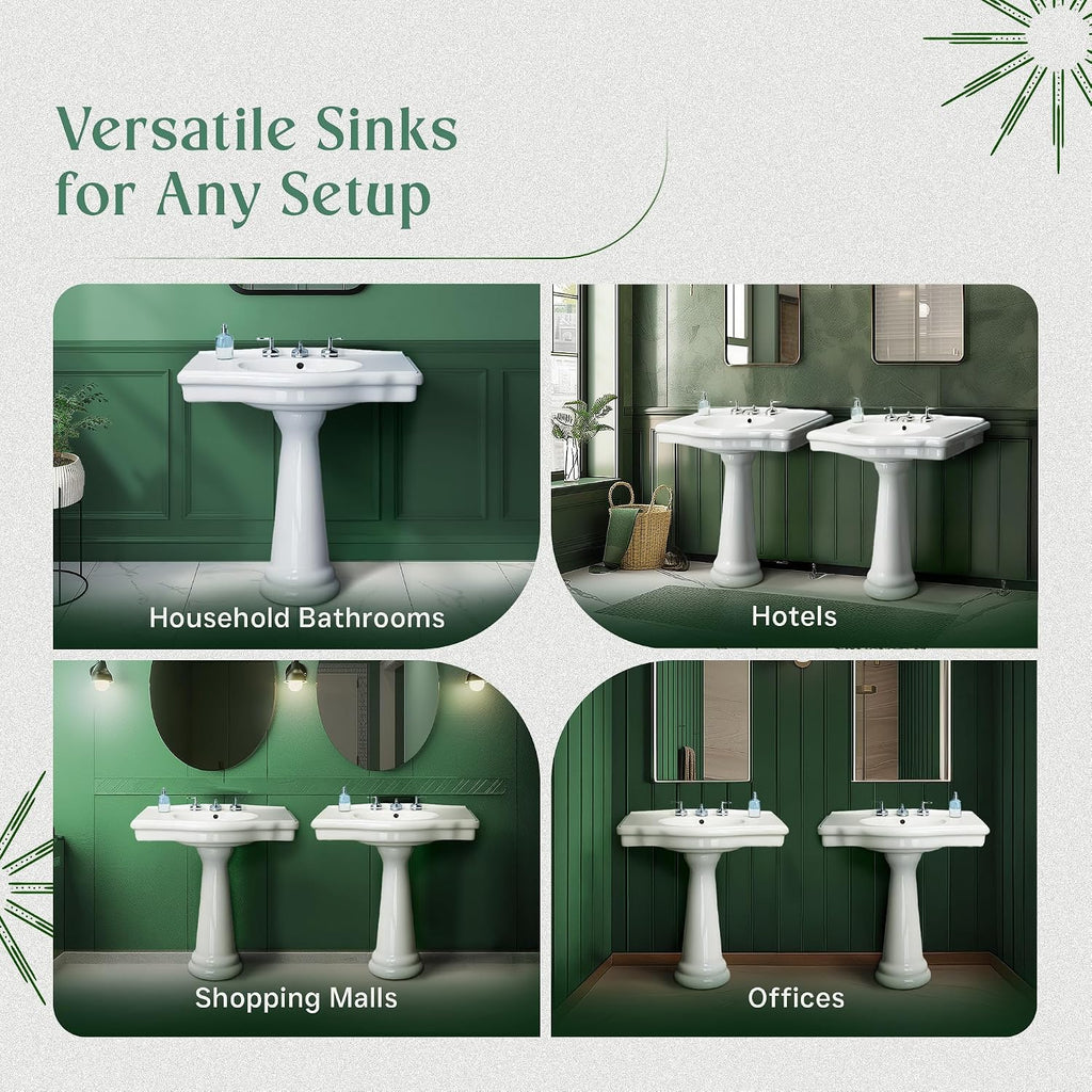 Renovators Supply Manufacturing Darbyshire 34'W x 22.5' D x 32' H Large Bathroom Pedestal Sink. Vitreous China with Overflow, 8 in. Widespread Faucet Holes