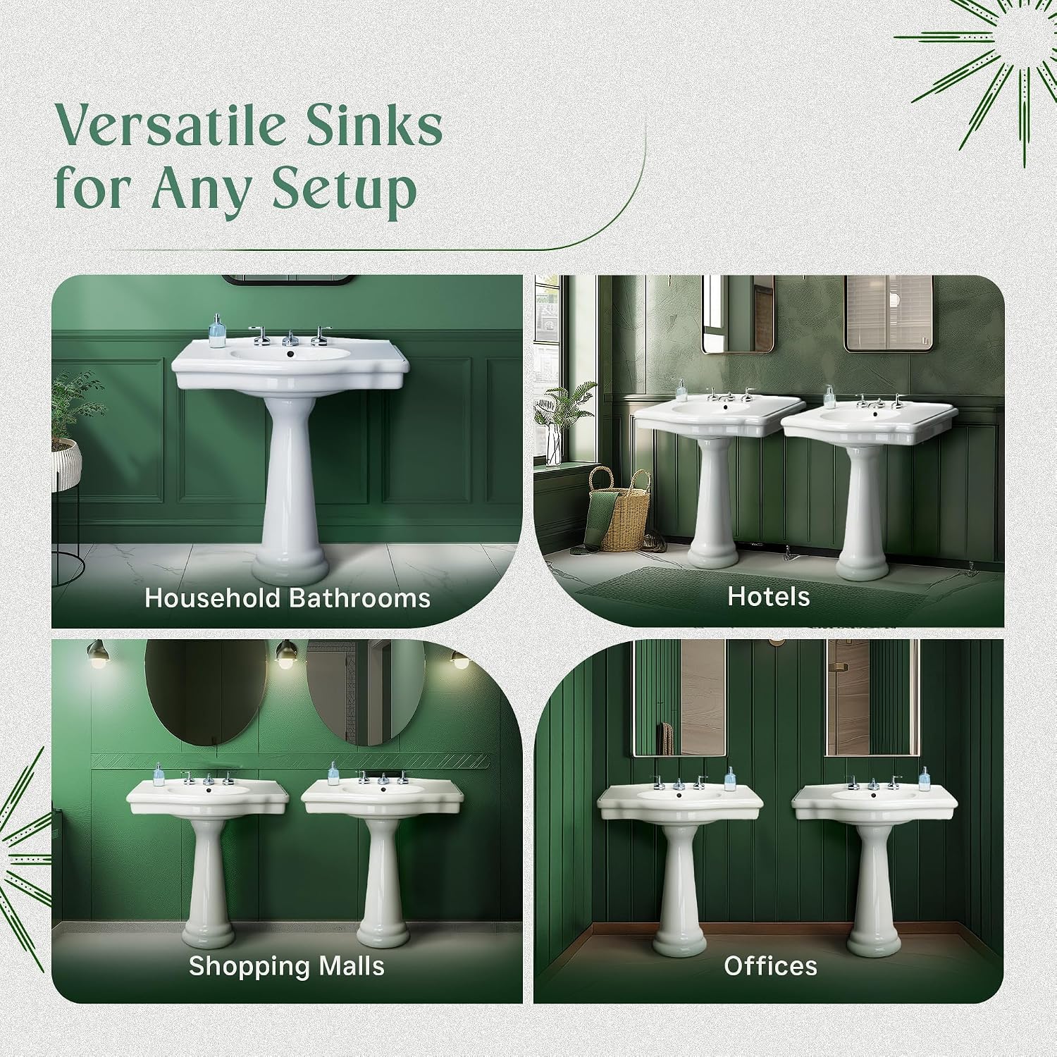 Renovators Supply Manufacturing Darbyshire 34'W x 22.5' D x 32' H Large Bathroom Pedestal Sink. Vitreous China with Overflow, 8 in. Widespread Faucet Holes