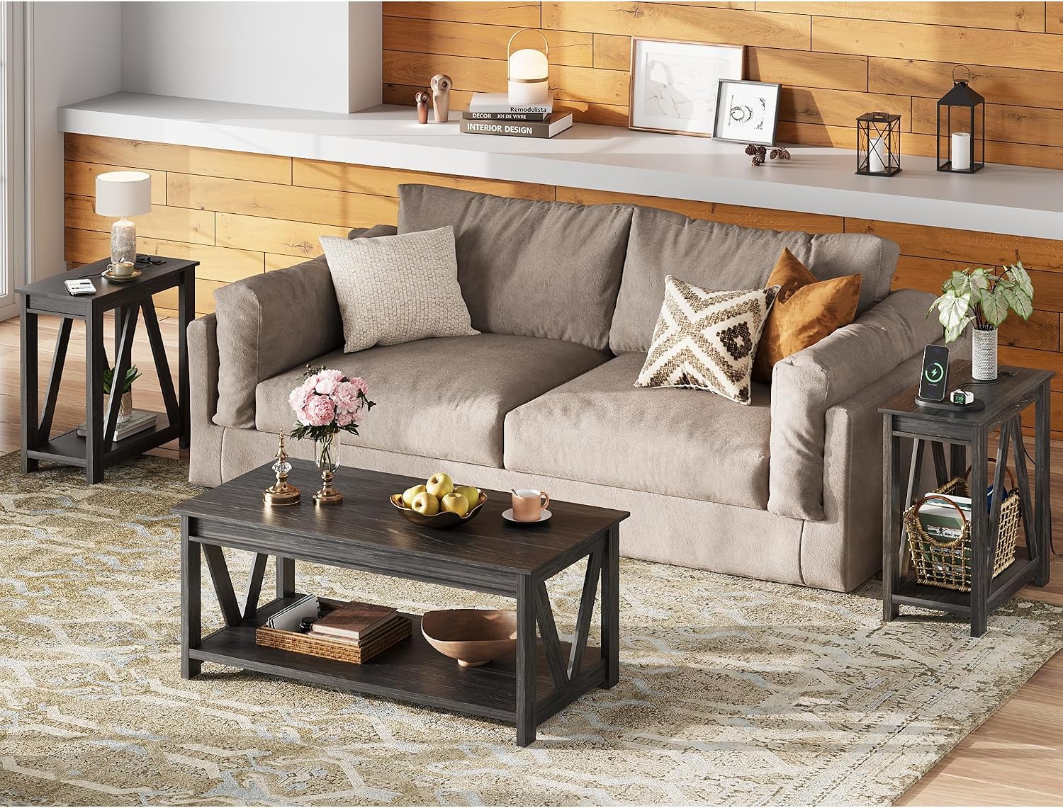 WLIVE End Tables Living Room Set of 2 with Charging Station, Sofa Side Tables with Open Storage Shelf, Slim Farmhouse End Table Sets, Charcoal Black