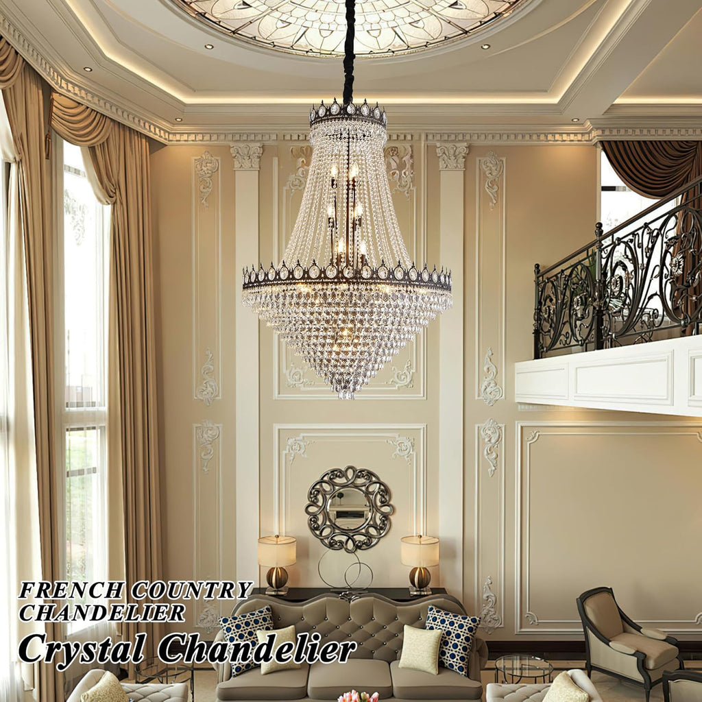 KoKo&Yukina 32' French Empire Crystals Chandelier 26 Light Black Crystal Chandeliers Modern Black Crystal Chandelier Round Large High Ceiling Sloped Hanging Light Fixtures for Hallway Staircase
