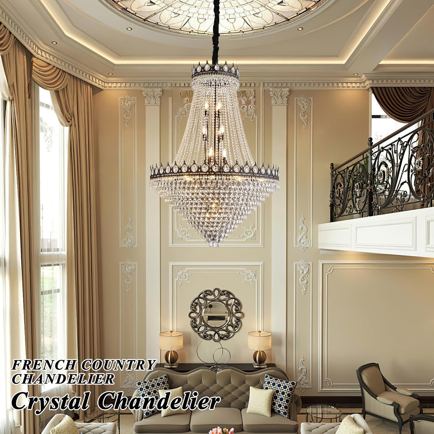 KoKo&Yukina 32' French Empire Crystals Chandelier 26 Light Black Crystal Chandeliers Modern Black Crystal Chandelier Round Large High Ceiling Sloped Hanging Light Fixtures for Hallway Staircase