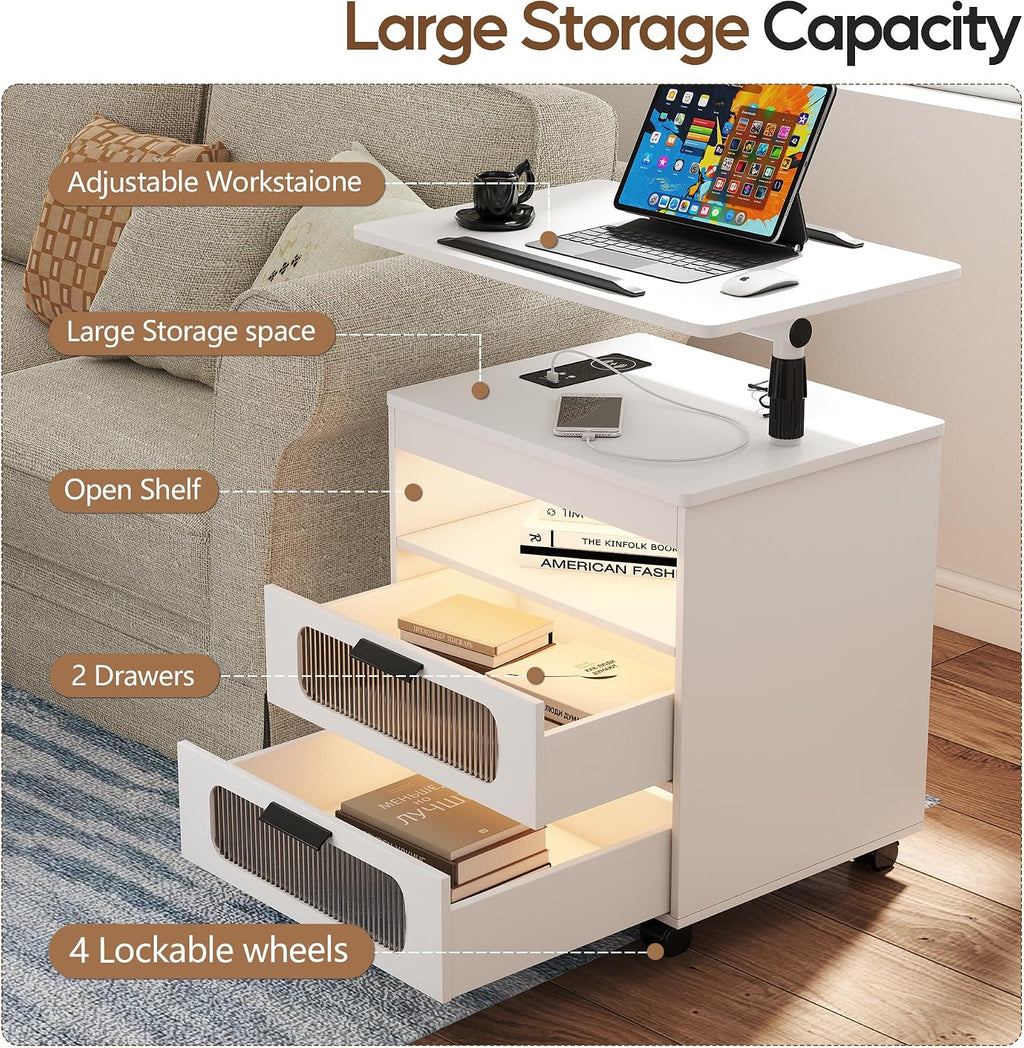 Height Adjustable Nightstand with Charging Station - Swivel Top Bedside Table with LED Lights, Auto Sensor Smart End Table, Dorm Rolling Side Table Laptop Workstaion with Wheels for Bedroom (White)