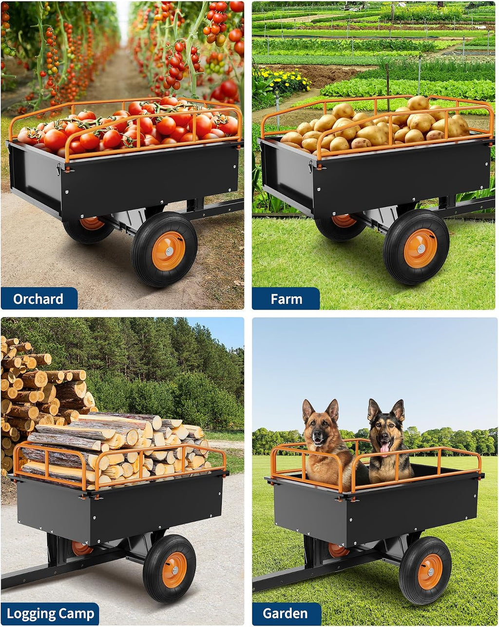 GarveeLife Heavy Duty ATV Trailer Steel Dump Cart, 750 LBS 15 Cubic Feet, Garden Utility with Removable Sides for Riding Lawn Mower Tractor