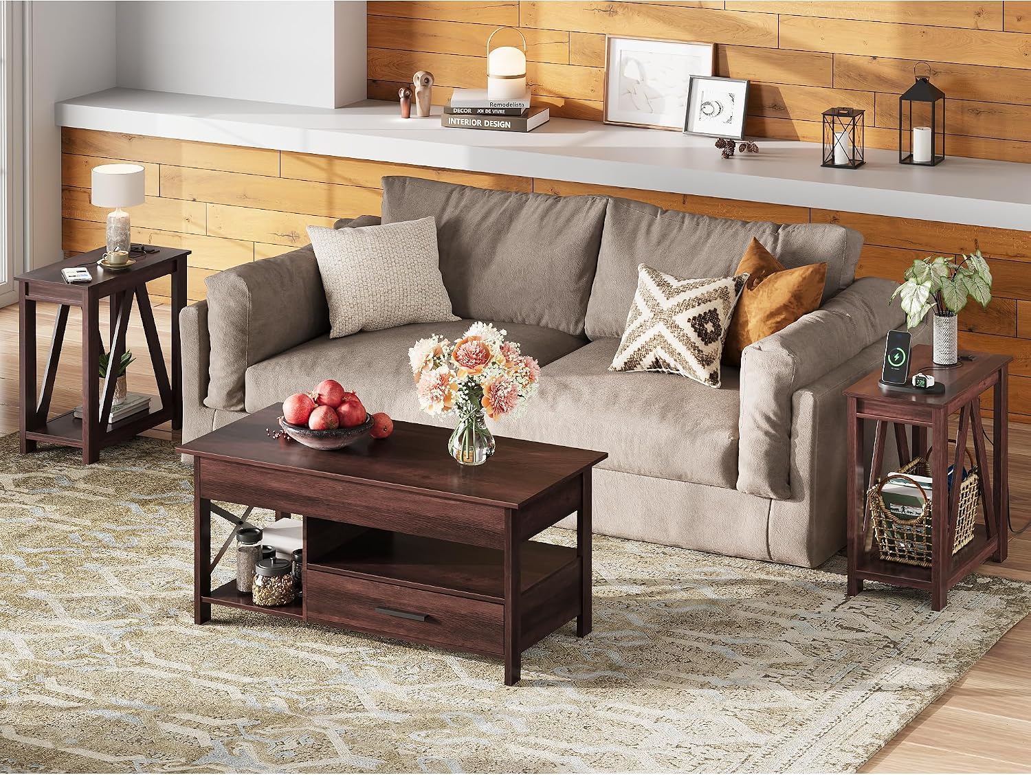 WLIVE End Tables Living Room Set of 2 with Charging Station, Sofa Side Tables with Open Storage Shelf, Slim Farmhouse End Table Sets, Espresso