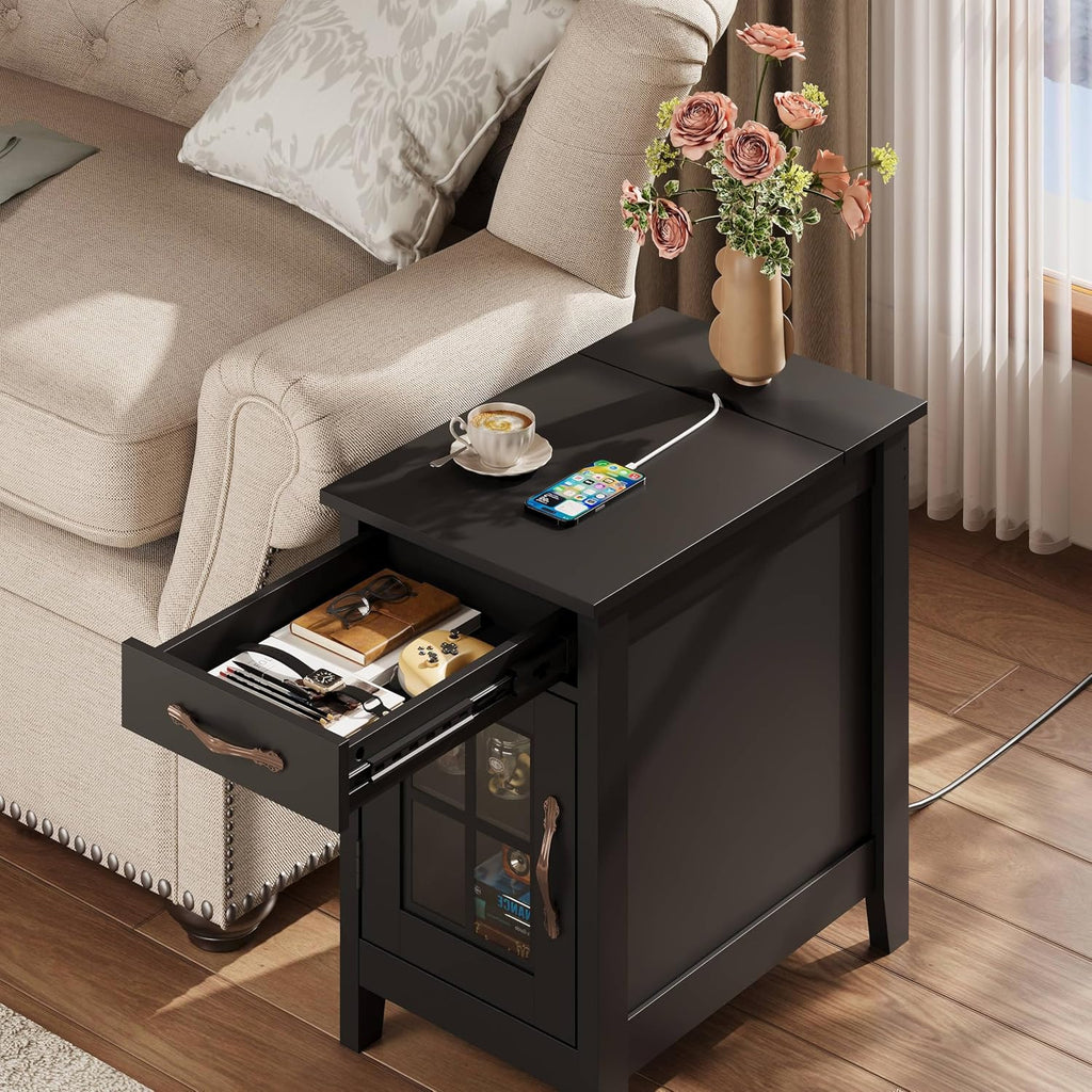 WLIVE End Table with Charging Station, Narrow Side Table for Living Room, Farmhouse Night Stand with Storage, Small Wooden Cabinet Nightstand with USB Ports and Outlets, 23.7' D x 13.78' W x 23.7' H