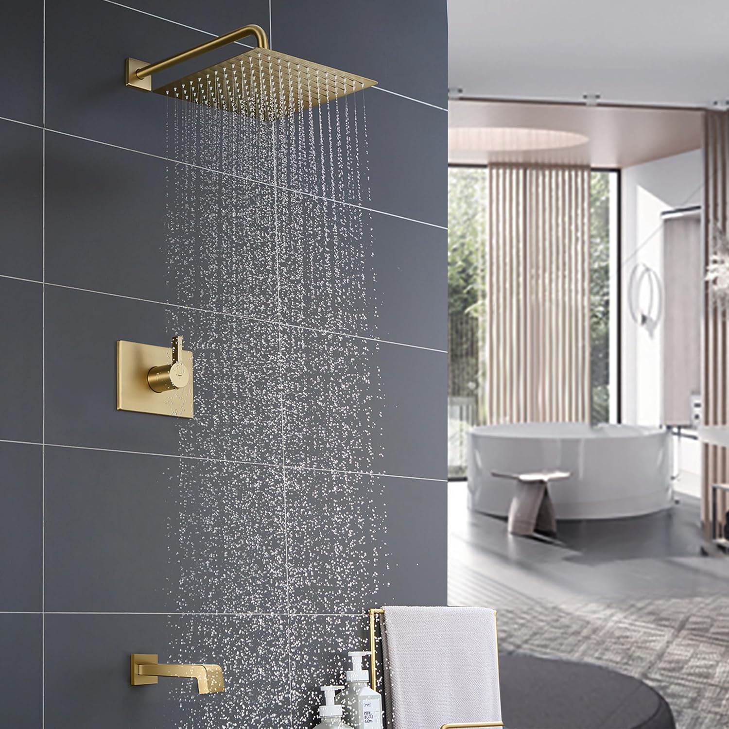 SOOOHOT Brushed Gold Shower Fixtues, Tub and Shower Faucet Set Combo with 12 Inch Gold Shower Head and Tub Spout, Gold Shower Head and Handle Set (Valve Included)