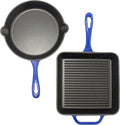 BergHOFF 2Pc Enameled Cast Iron 10' Fry Pan, 10' Grill Pan Set, Induction Cooktop Ready, Oven Safe Up to 400°F, Blue