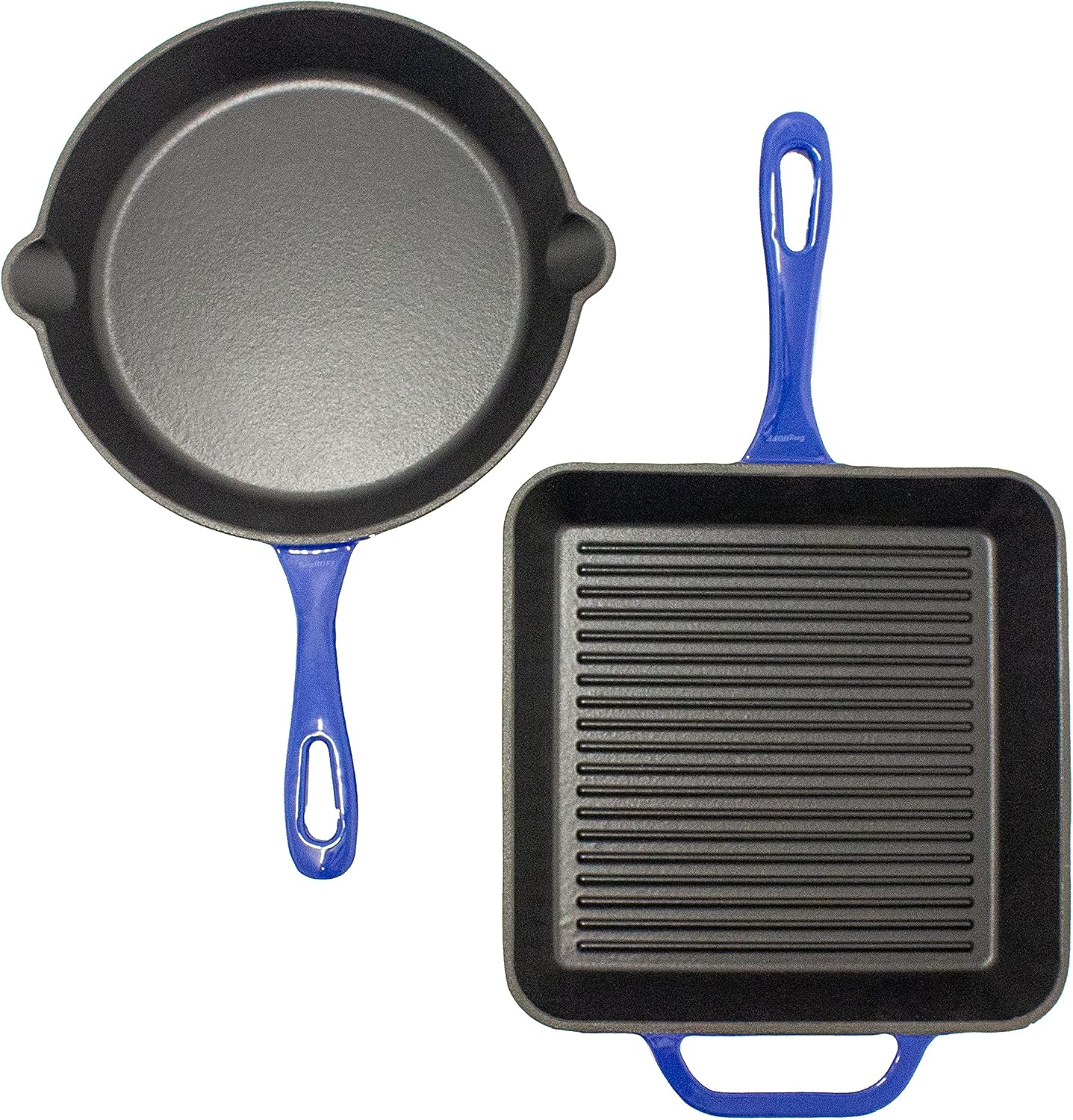 BergHOFF 2Pc Enameled Cast Iron 10' Fry Pan, 10' Grill Pan Set, Induction Cooktop Ready, Oven Safe Up to 400°F, Blue