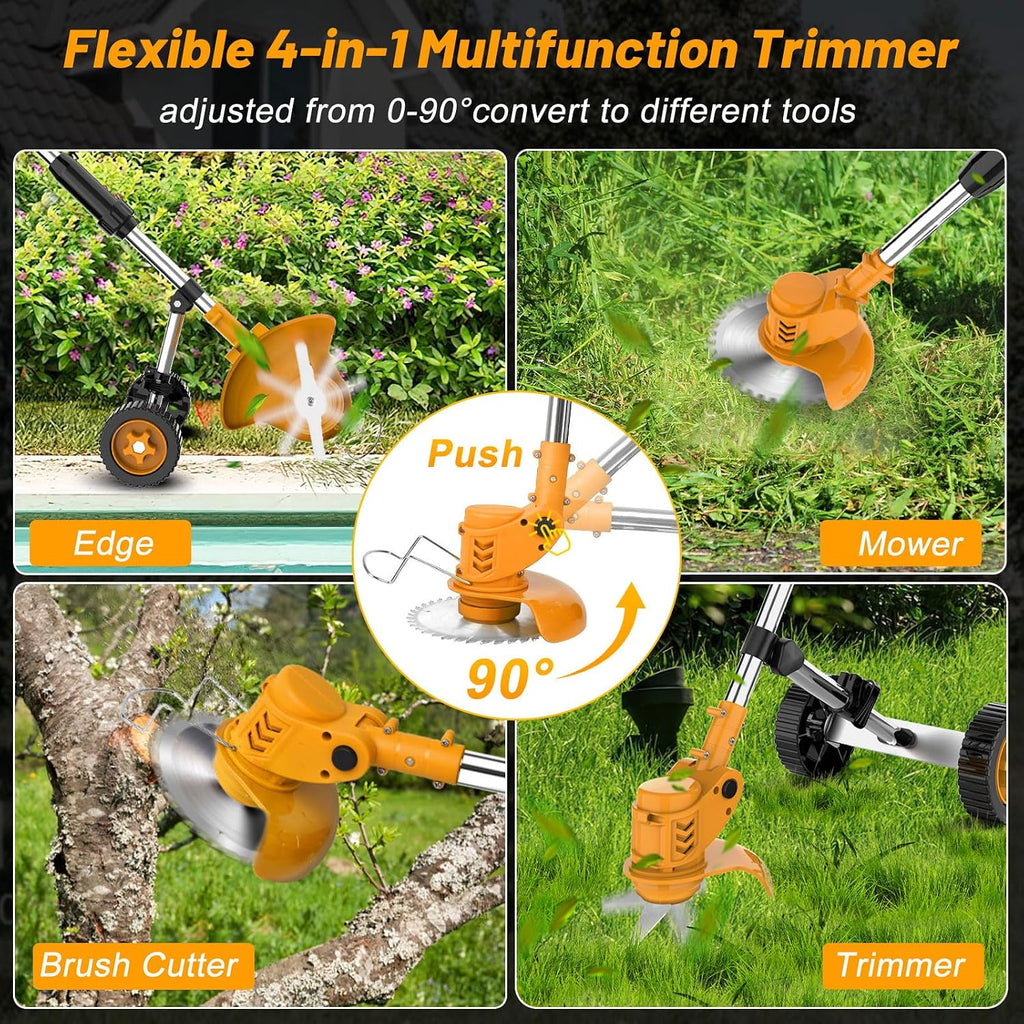 20000 RPM Electric Weed Wacker Cordless Weed Eater Battery Powered 21V, 4-in-1 Brush Cutter/String Trimmer/Grass Trimmer/Lawn Mower, 6″ Edger Stringless Weed Trimmer with Wheel & Blade,2 Battery