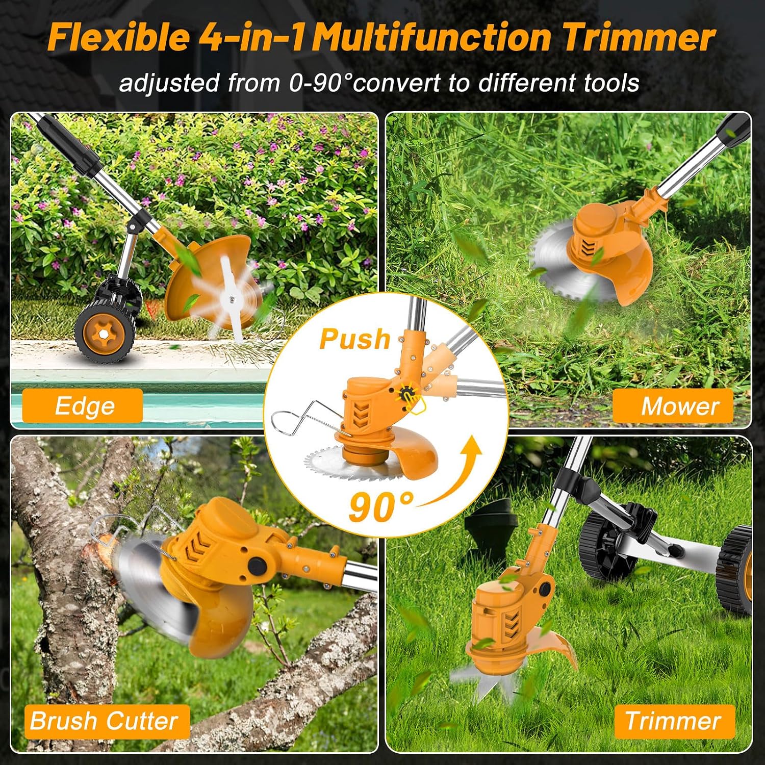20000 RPM Electric Weed Wacker Cordless Weed Eater Battery Powered 21V, 4-in-1 Brush Cutter/String Trimmer/Grass Trimmer/Lawn Mower, 6″ Edger Stringless Weed Trimmer with Wheel & Blade,2 Battery