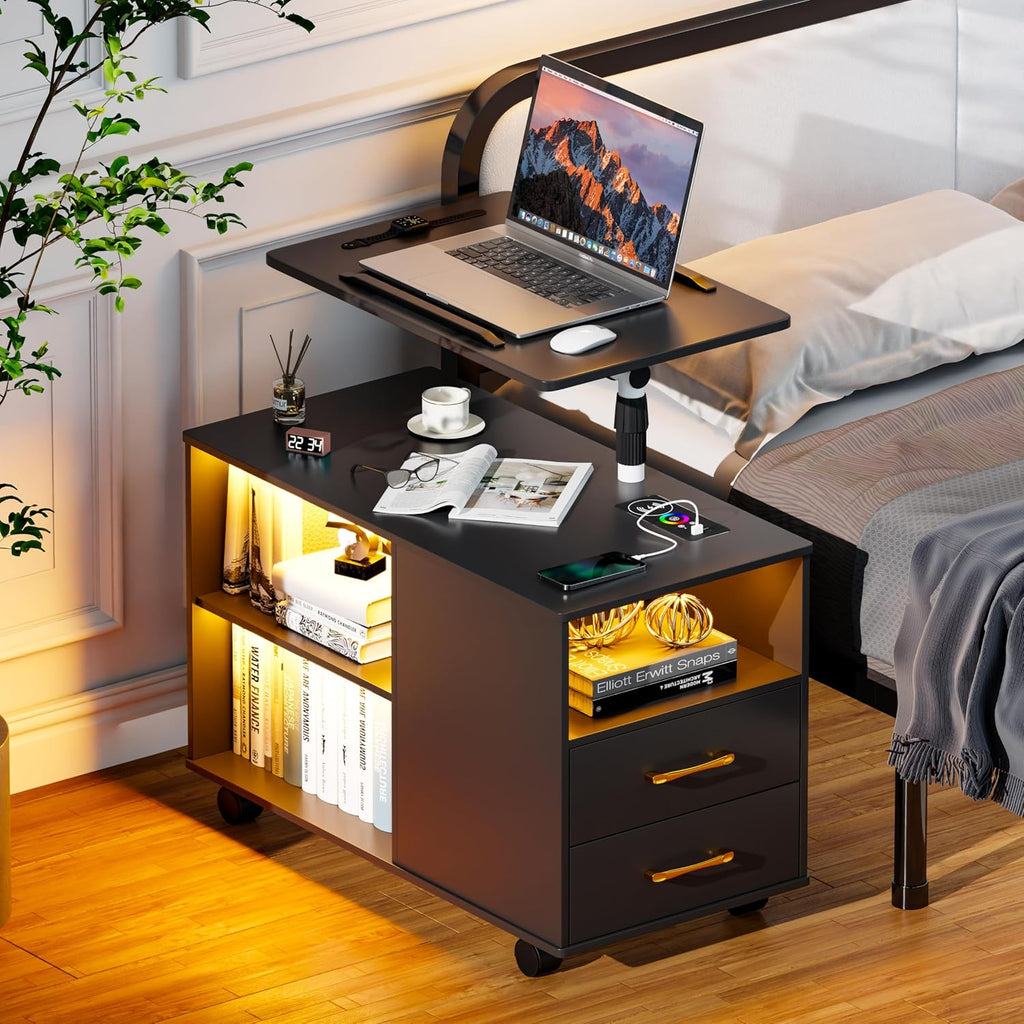 Smart Night Stand with 360° Laptop Tray, RGB Nightstand with Charging Station,Modern Bedside Table with 24-Color Human Sensor Lights,Large End Table w/ 2 Drawers,3 Shelves,5 Wheels,Black