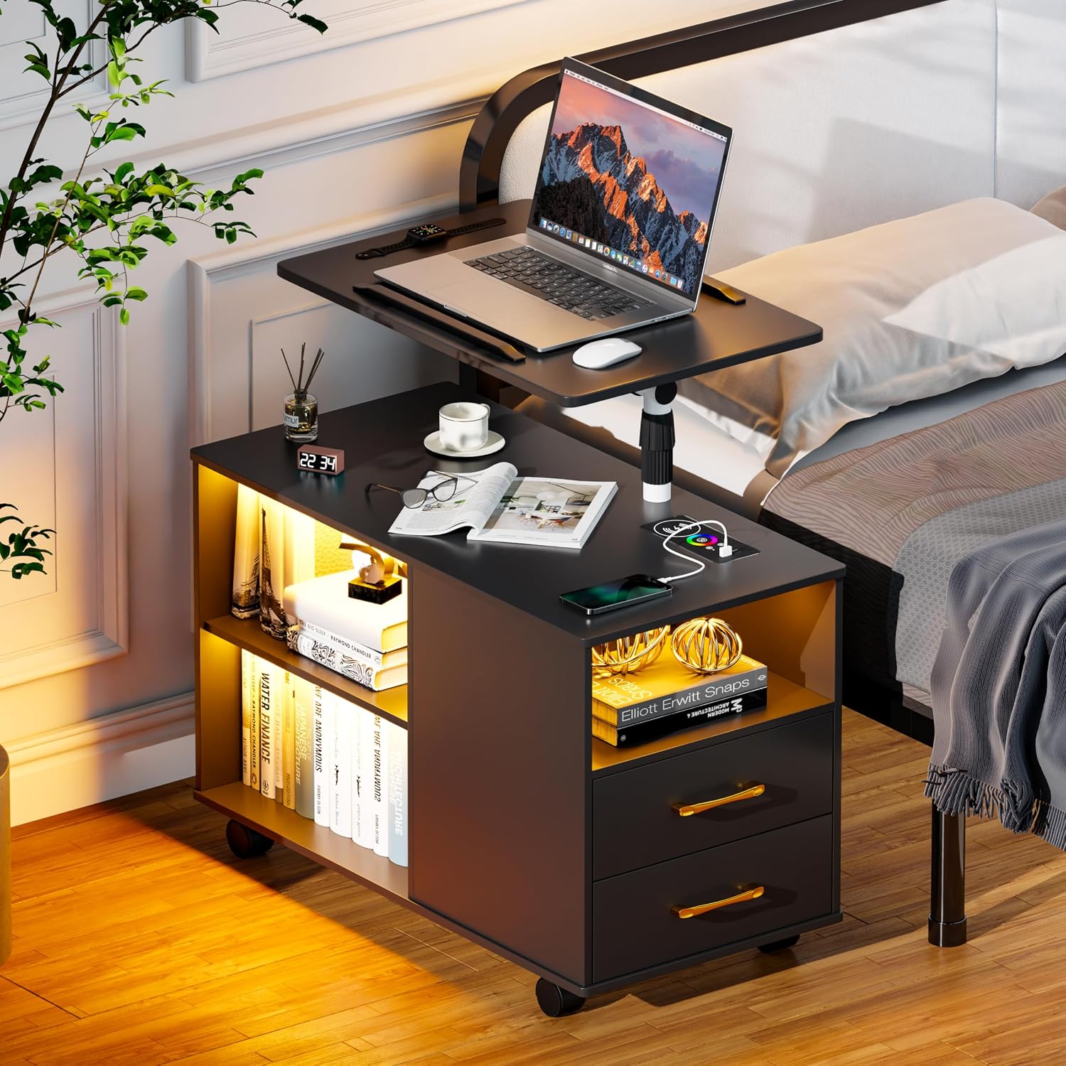 Smart Night Stand with 360° Laptop Tray, RGB Nightstand with Charging Station,Modern Bedside Table with 24-Color Human Sensor Lights,Large End Table w/ 2 Drawers,3 Shelves,5 Wheels,Black
