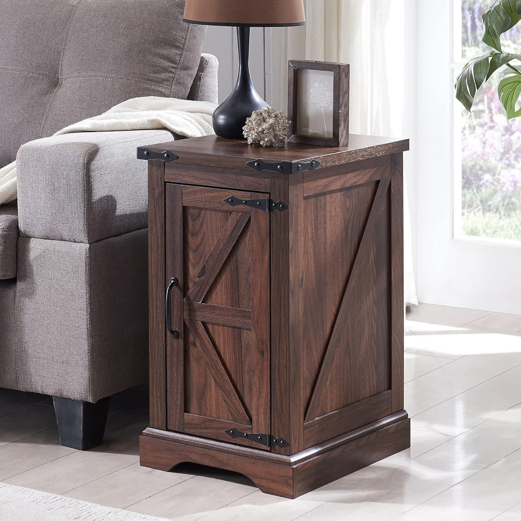 JXQTLINGMU Nightstand with Charging Station, Rectangular Farmhouse End Table with Barn Door and Adjustable Storage Shelf, 17' Deep Wood Rustic Sofa Side Table for Living Room, Bedroom, Brown