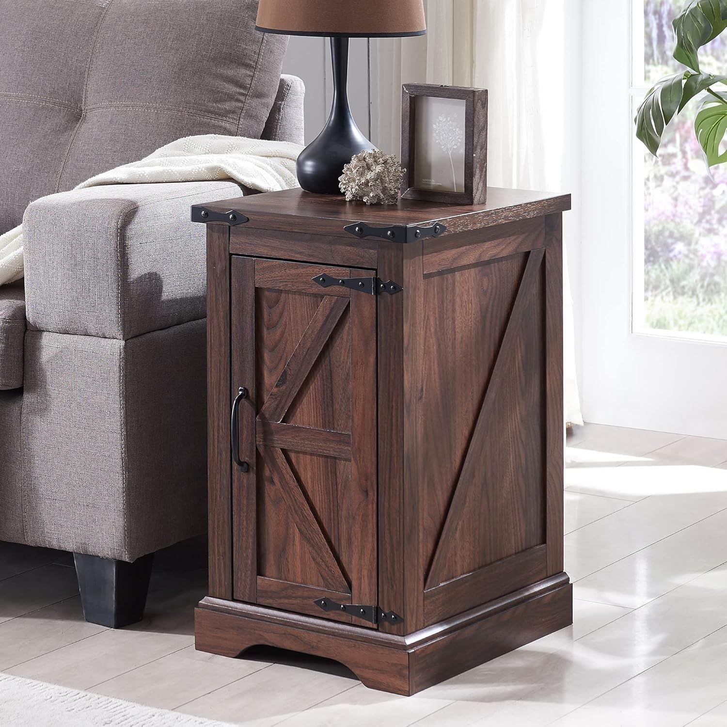 JXQTLINGMU Nightstand with Charging Station, Rectangular Farmhouse End Table with Barn Door and Adjustable Storage Shelf, 17' Deep Wood Rustic Sofa Side Table for Living Room, Bedroom, Brown