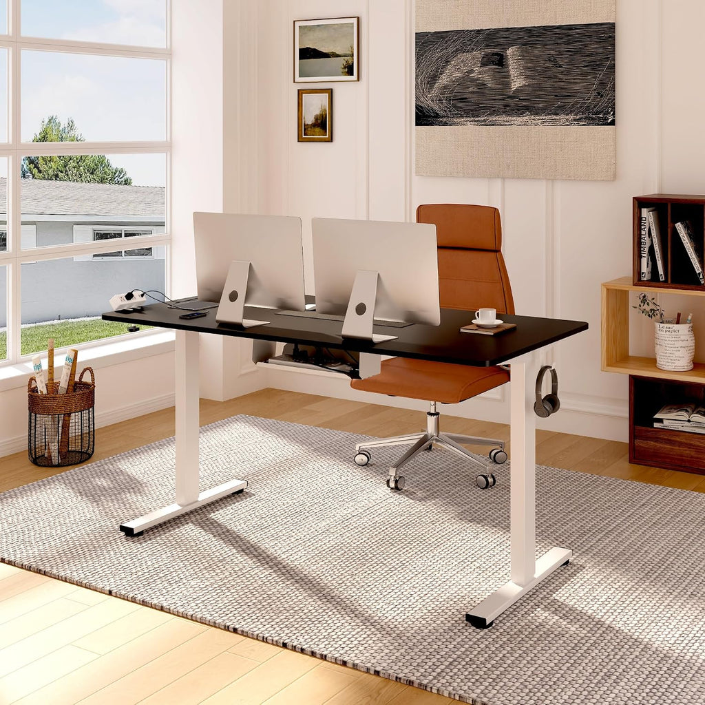 FLEXISPOT EN2 Whole-Piece Standing Desk with Clamp Power Strip, 48 x 24 Electric Stand Up Height Adjustable Desk with Cable Management (White Frame + 48' Black Top, 2 Packages)