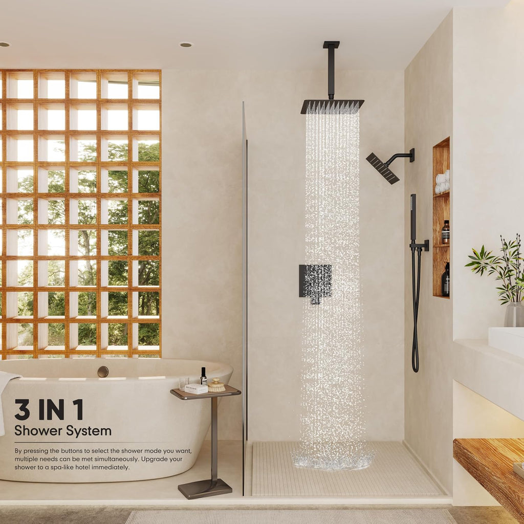 Black Shower System, Shower Faucet Set with 3 In 1 Push Button Valve, Shower Faucet included 10' Ceiling Shower Head and 8' Wall-Mount Shower Head with Handheld Spray, Matte Black
