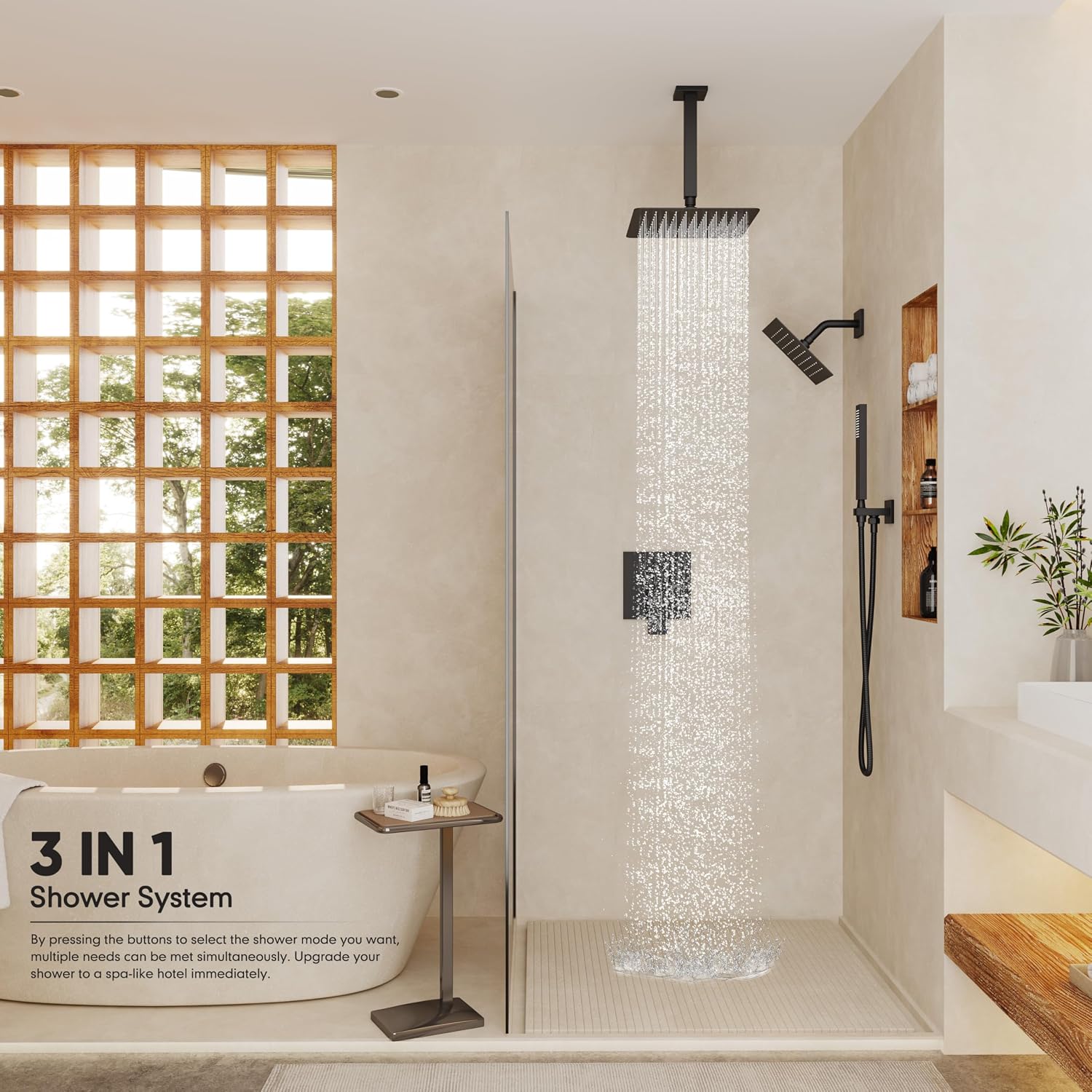 Black Shower System, Shower Faucet Set with 3 In 1 Push Button Valve, Shower Faucet included 10' Ceiling Shower Head and 8' Wall-Mount Shower Head with Handheld Spray, Matte Black