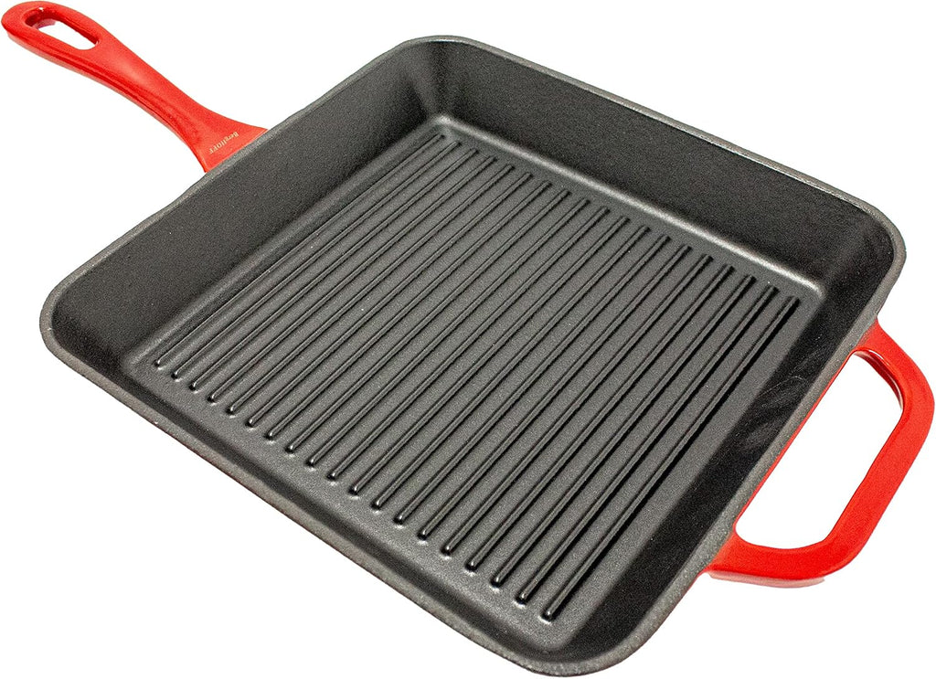 BergHOFF 2Pc Enameled Cast Iron 10' Fry Pan, 10' Grill Pan Set, Induction Cooktop Ready, Oven Safe Up to 400°F, Red