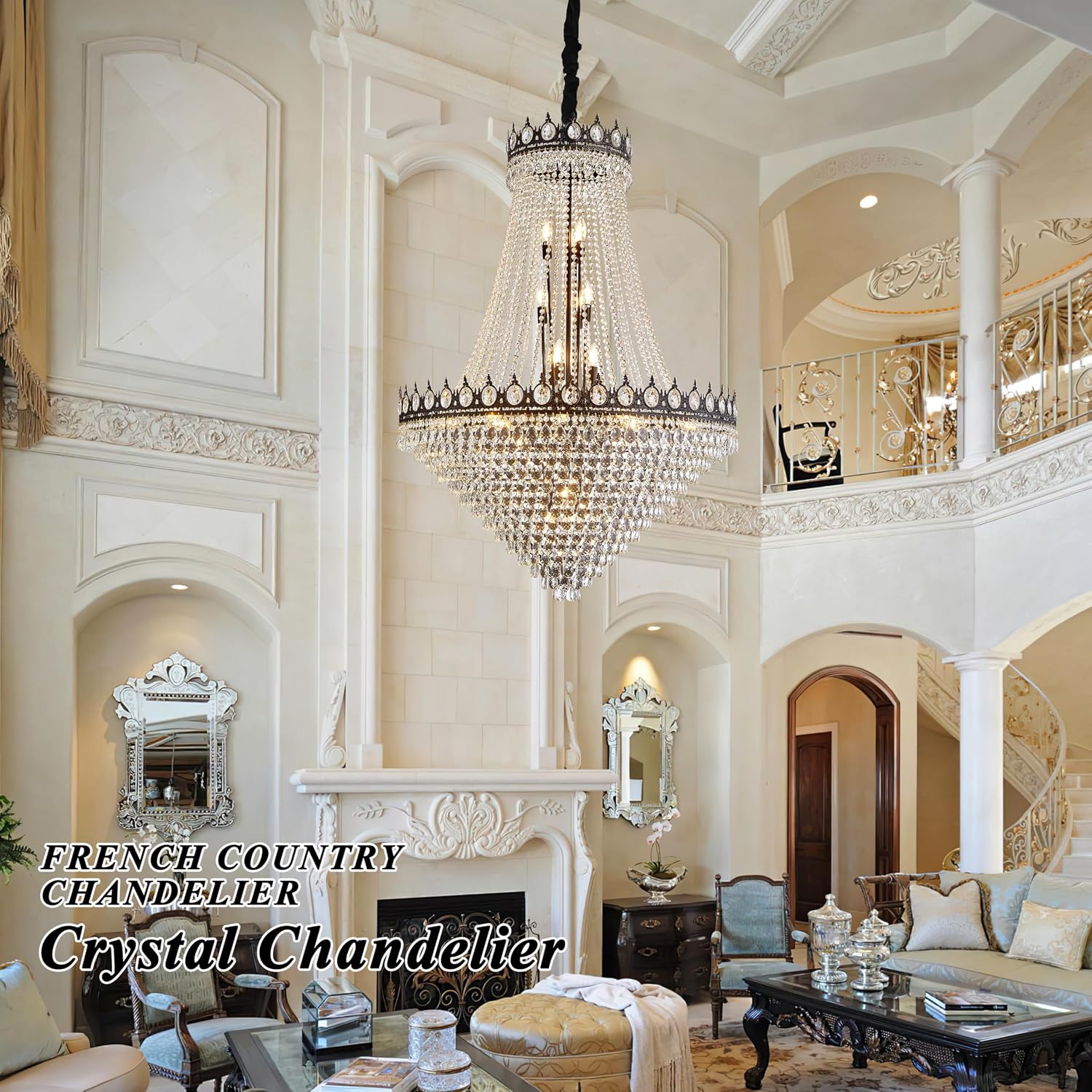 KoKo&Yukina 32' French Empire Crystals Chandelier 26 Light Black Crystal Chandeliers Modern Black Crystal Chandelier Round Large High Ceiling Sloped Hanging Light Fixtures for Hallway Staircase
