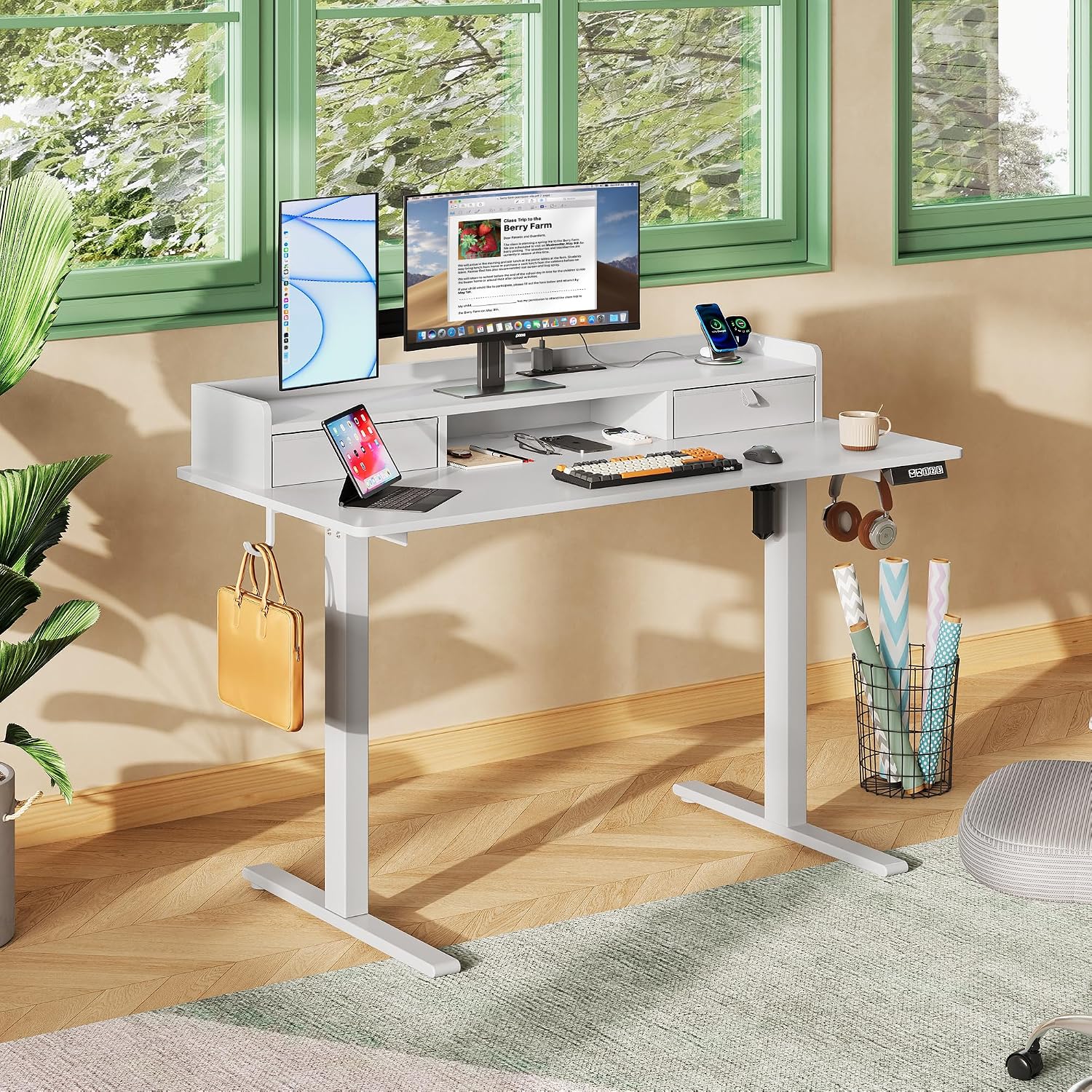 DEVAISE 48×24 Inch Electric Standing Desk with Drawers, Computer Desk with 3 Adjustable Height, Storage Shelf, Built-in AC & USB Outlets and Memory Preset, Sit to Stand Desk for Home Office, White
