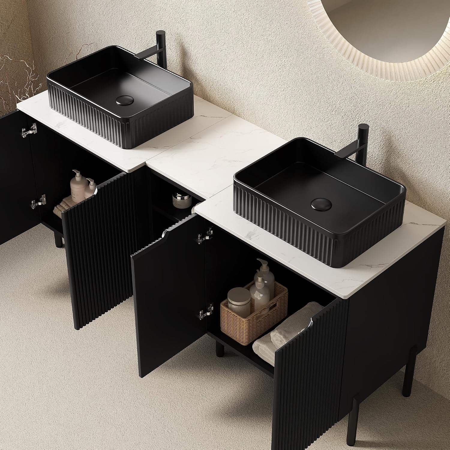 60' Bathroom Vanity with Sink, Modern Bathroom Vanities with 4 Soft-Closing Doors, Freestanding Bathroom Cabinet with Ceramic Basin and Carrara White Sintered Stone Counter Top-Colmar, Black