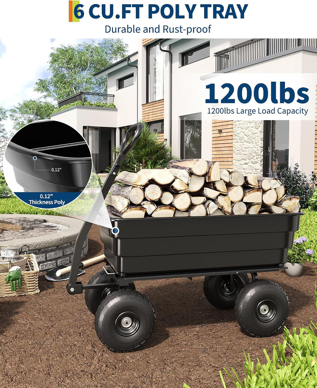 GarveeLife Poly Dump Cart - Heavy Duty 1200lbs Garden Cart with Quick-Release Dumping 13' Tires, Utility Wagon for Yard Work, Landscaping, Gardening