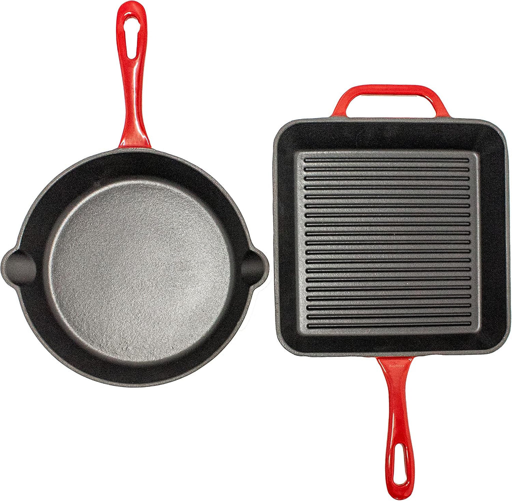 BergHOFF 2Pc Enameled Cast Iron 10' Fry Pan, 10' Grill Pan Set, Induction Cooktop Ready, Oven Safe Up to 400°F, Red