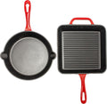 BergHOFF 2Pc Enameled Cast Iron 10' Fry Pan, 10' Grill Pan Set, Induction Cooktop Ready, Oven Safe Up to 400°F, Red