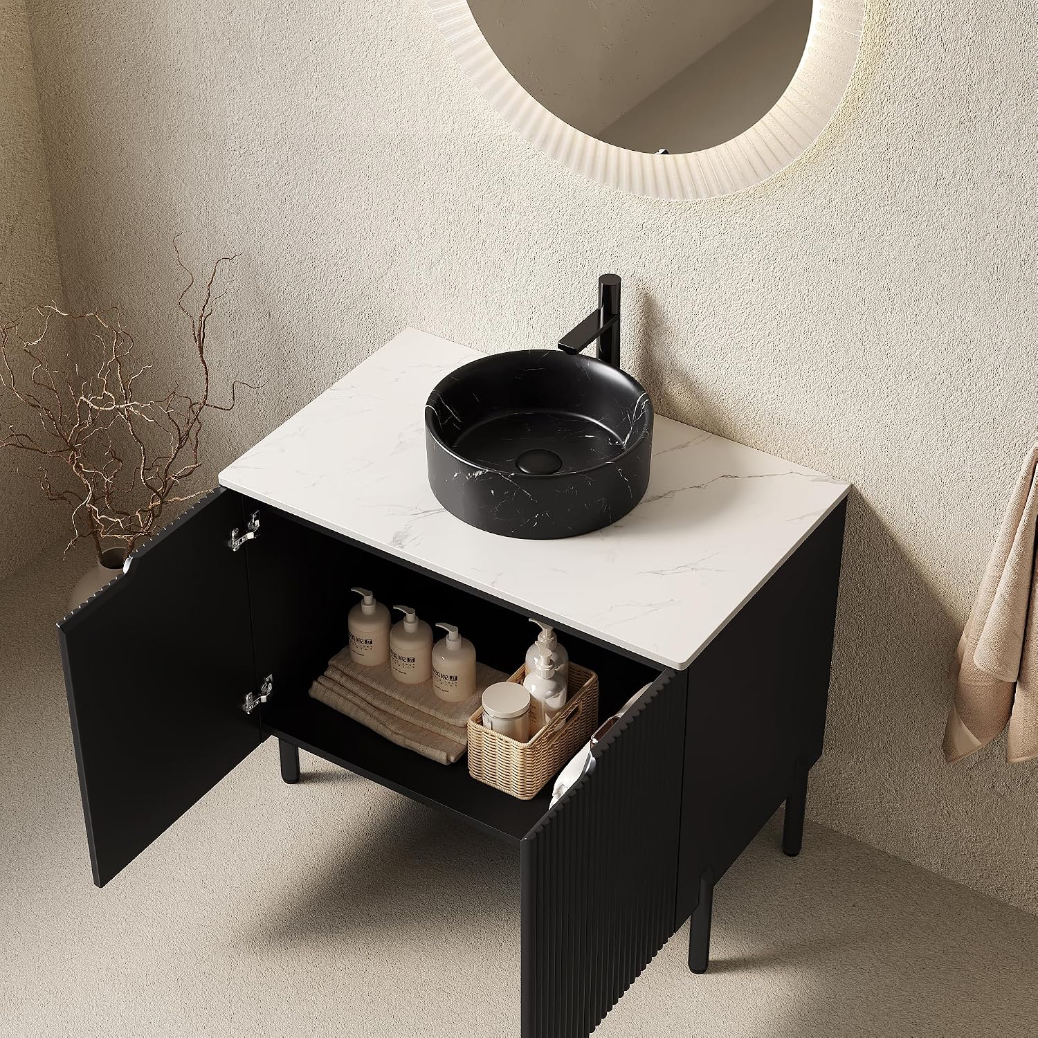 30' Bathroom Vanity with Sink, Modern Bathroom Vanities with 2 Soft-Closing Doors, Freestanding Bathroom Cabinet with Ceramic Basin and Carrara White Sintered Stone Counter Top-Colmar, Black/N