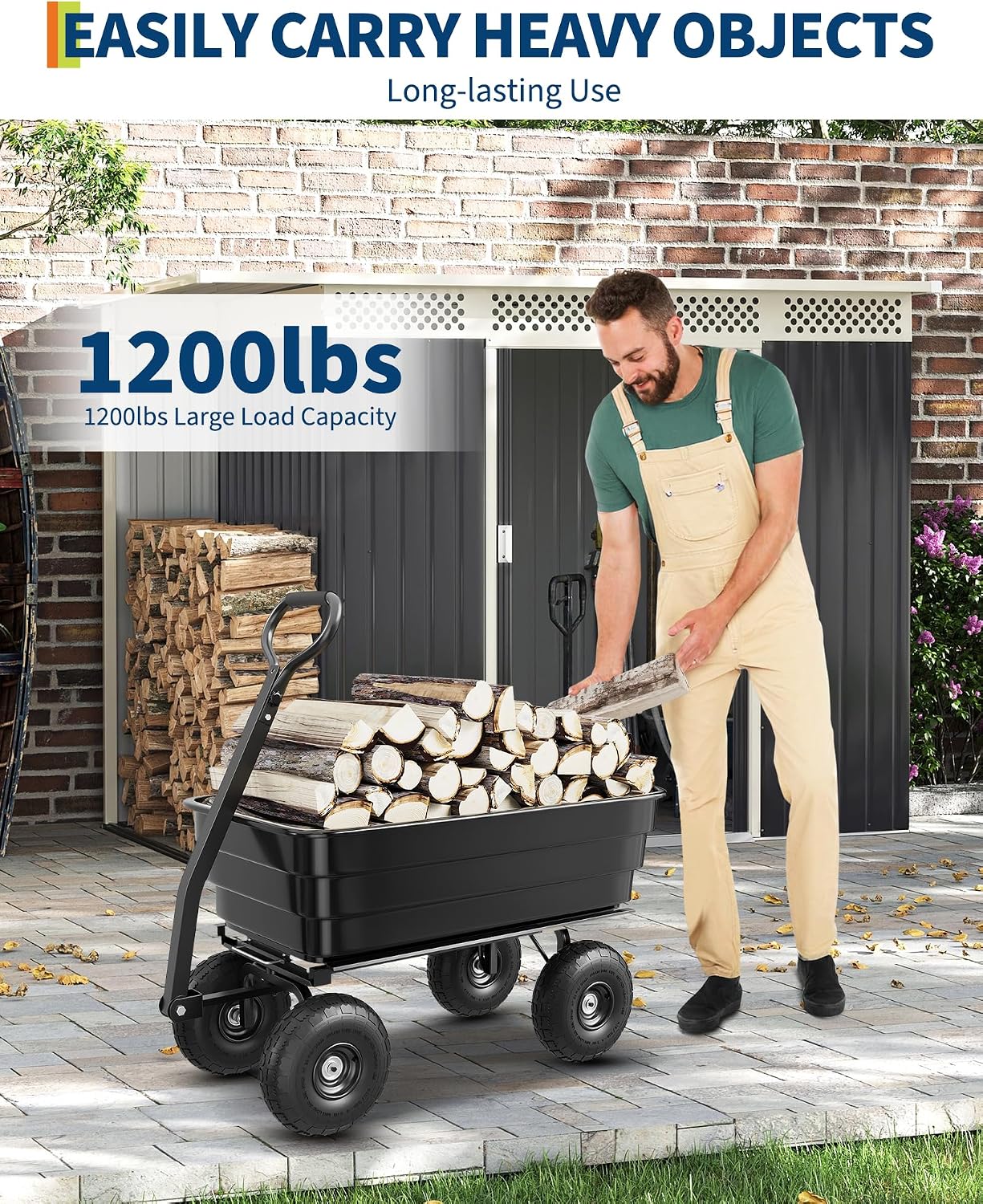 GarveeLife Poly Dump Cart - Heavy Duty 1200lbs Garden Cart with Quick-Release Dumping 13' Tires, Utility Wagon for Yard Work, Landscaping, Gardening