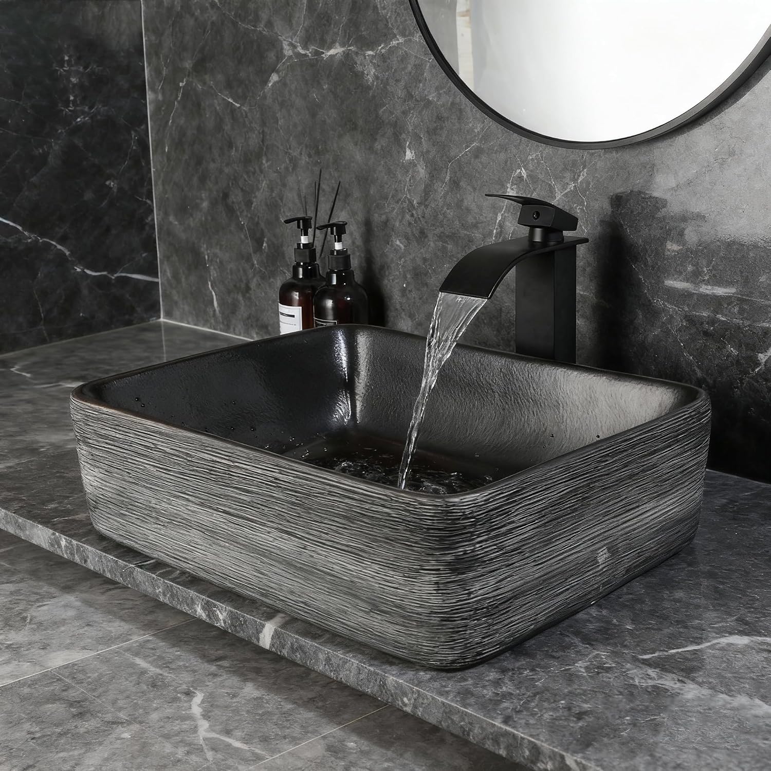 Black Vessel Sink Rectangle 18'x14' Bathroom Sink Above Counter Porcelain Ceramic Small Sink Bowl Ceramic Vessel Sinks with Waterfall Faucet and Pop-up Drain for Bathrooms