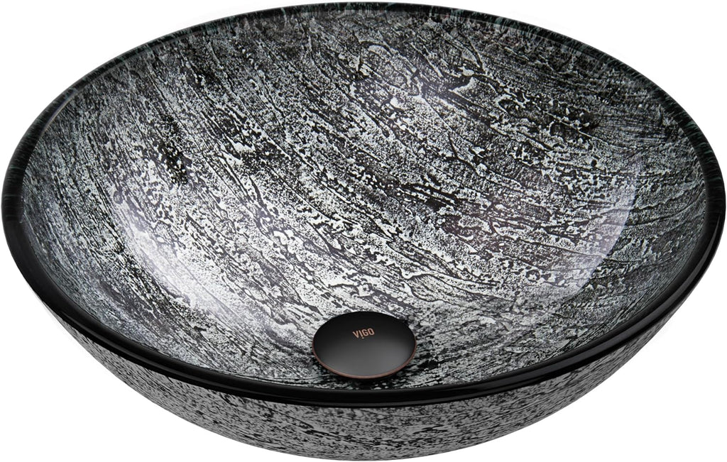 Vigo Vessel Sink Slate Grey - 17' Artistic Round Bowl Sink for Bathrooms, Tempered Glass Above Counter Bathroom Sink with NonStickShield, QuickDrain & TempGuard, Modern Luxury Design
