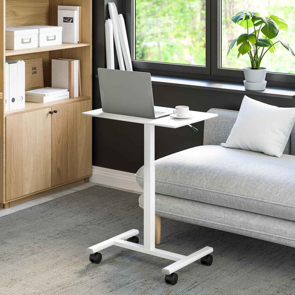 Seville Classics Airlift Height Adjustable Pneumatic Laptop Sit Stand Desk Mobile Rolling Cart, Computer Workstation for Home Office, Classroom, White, 25.6' Desktop