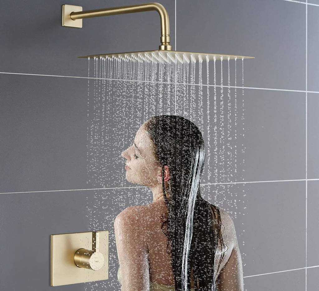 SOOOHOT Brushed Gold Shower Fixtues, Tub and Shower Faucet Set Combo with 12 Inch Gold Shower Head and Tub Spout, Gold Shower Head and Handle Set (Valve Included)