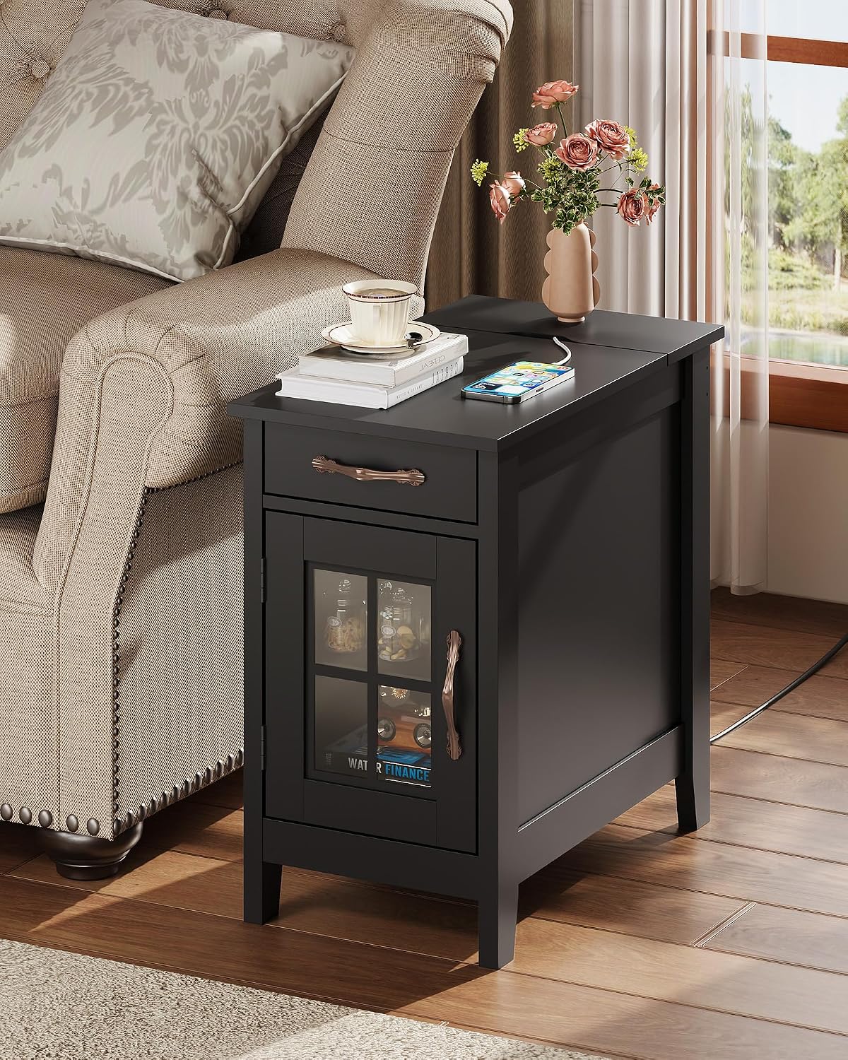 WLIVE End Table with Charging Station, Narrow Side Table for Living Room, Farmhouse Night Stand with Storage, Small Wooden Cabinet Nightstand with USB Ports and Outlets, 23.7' D x 13.78' W x 23.7' H