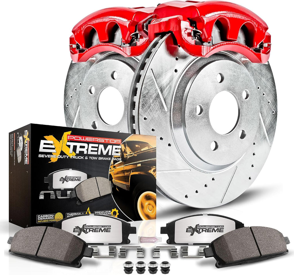 PowerStop Front Brake & Caliper Kit for Toyota 4Runner 2003-09 |FJ Cruiser 2007-14 |Tacoma 2005-23 - Drilled & Slotted Disc Rotors + Z36 Brake Pads + Red-Powder Coated Calipers, KC137-36