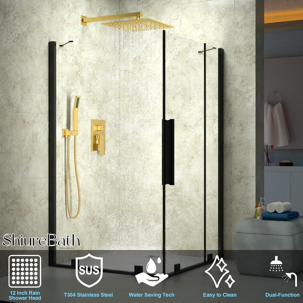 12 Inch Shower Faucet Set, Shower System with Rain Shower Head and Handheld Shower Head, Spray Wall Mounted Rainfall Shower Fixtures, Brushed Gold