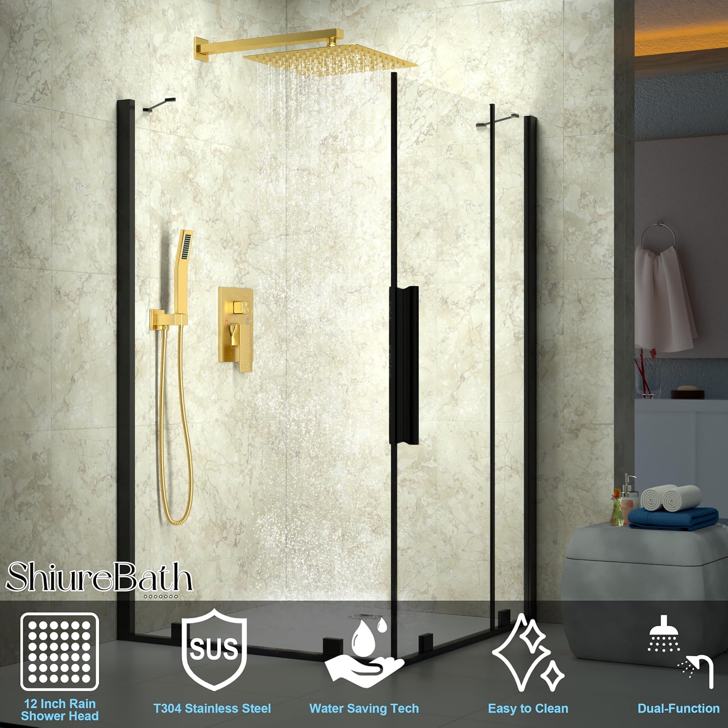 12 Inch Shower Faucet Set, Shower System with Rain Shower Head and Handheld Shower Head, Spray Wall Mounted Rainfall Shower Fixtures, Brushed Gold