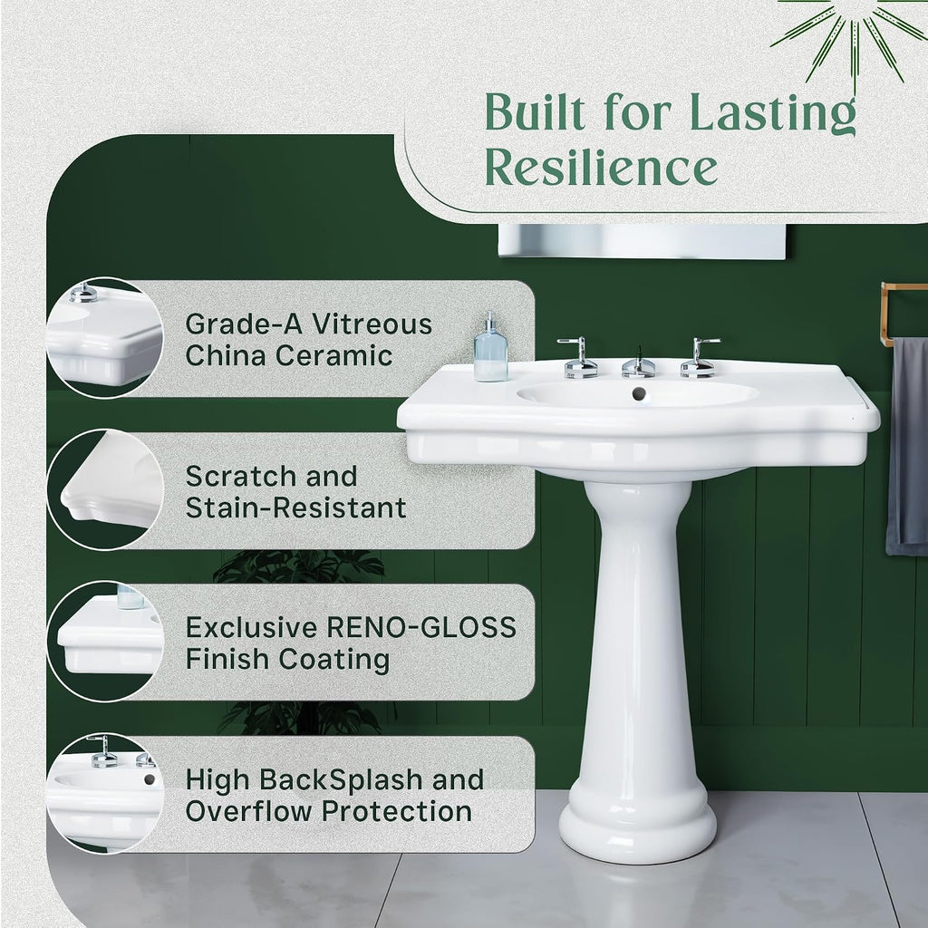Renovators Supply Manufacturing Darbyshire 34'W x 22.5' D x 32' H Large Bathroom Pedestal Sink. Vitreous China with Overflow, 8 in. Widespread Faucet Holes