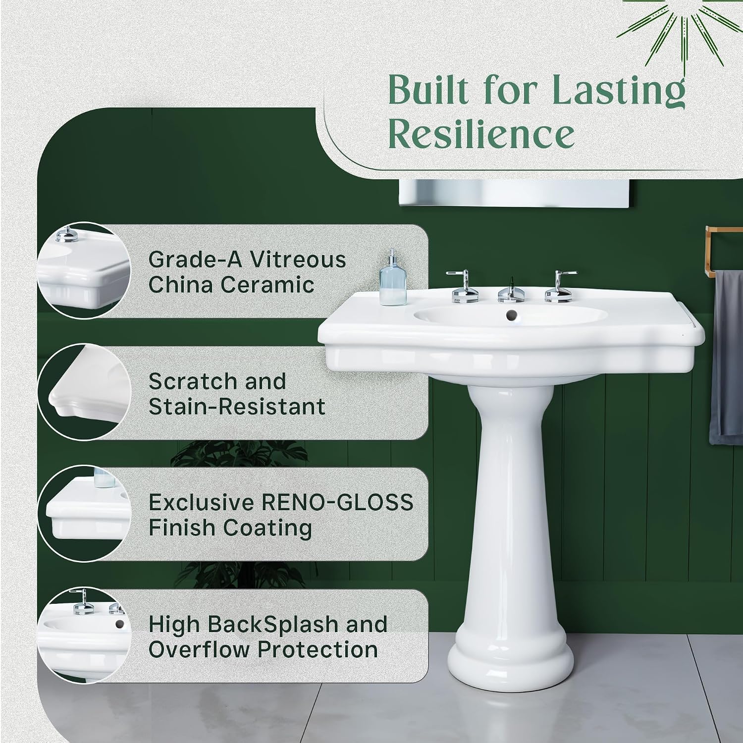 Renovators Supply Manufacturing Darbyshire 34'W x 22.5' D x 32' H Large Bathroom Pedestal Sink. Vitreous China with Overflow, 8 in. Widespread Faucet Holes