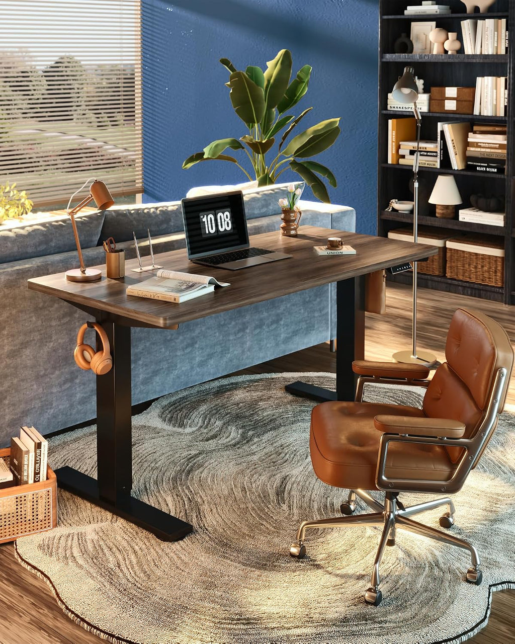 FLEXISPOT EN1 One-Piece Standing Desk, Electric Adjustable with 4 Memory Presets, 176 LBS Capacity, Stable & Quiet, Seamless Desktop for Home Office & Dual Monitors, 55'x28' Black Walnut