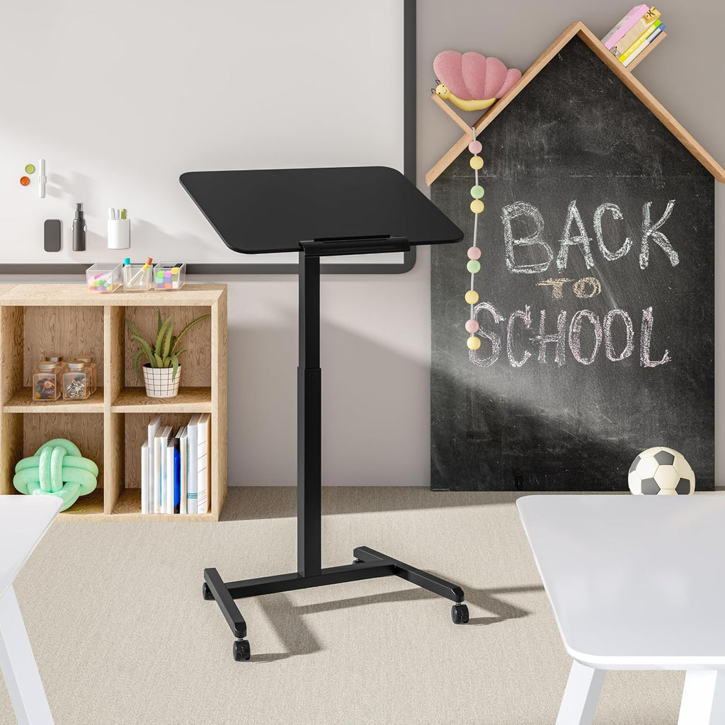 Seville Classics Airlift Height Adjustable Pneumatic Laptop Sit Stand Desk Mobile Rolling Cart, Computer Workstation for Home Office, Classroom, Black, 25.6' Tilting Desktop