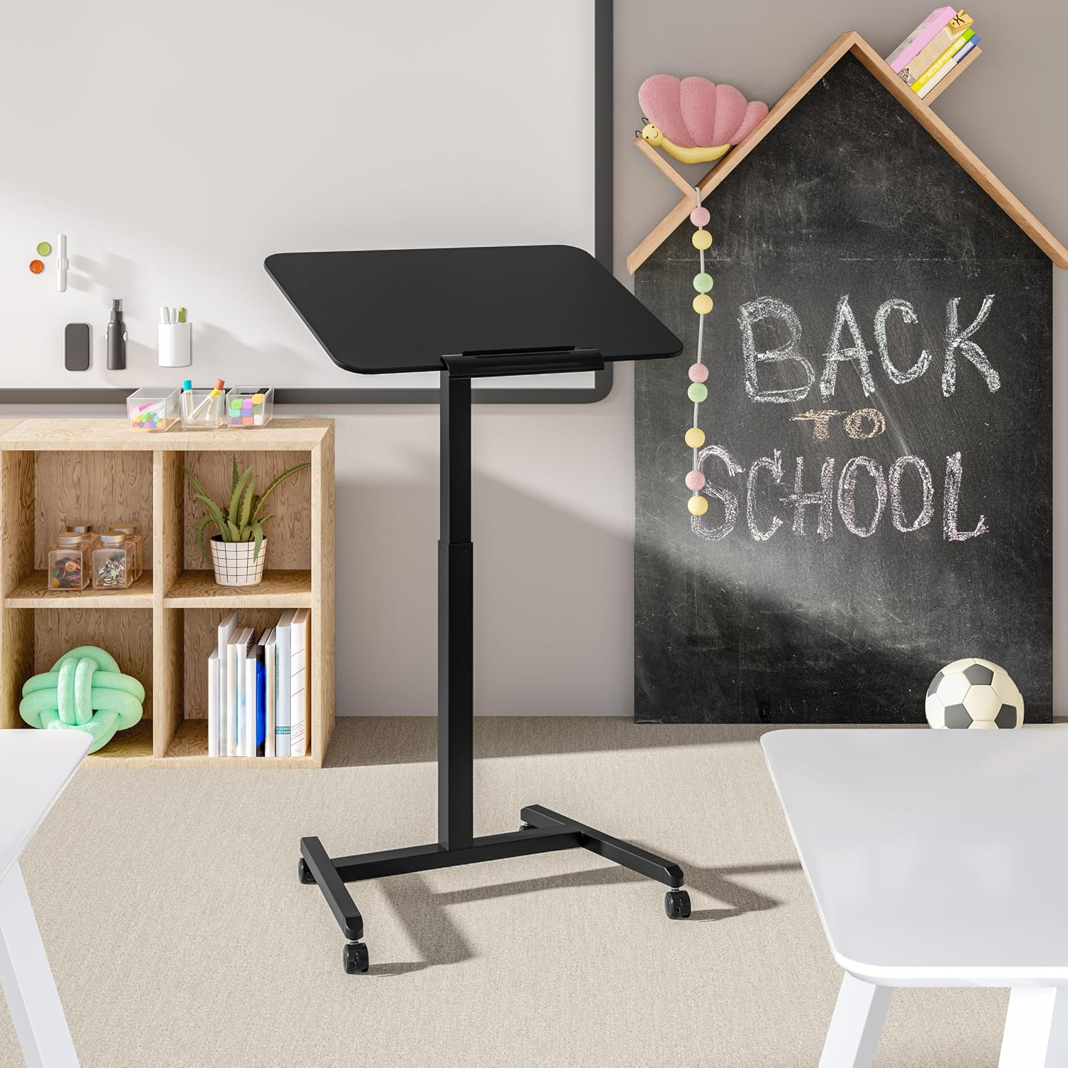 Seville Classics Airlift Height Adjustable Pneumatic Laptop Sit Stand Desk Mobile Rolling Cart, Computer Workstation for Home Office, Classroom, Black, 25.6' Tilting Desktop