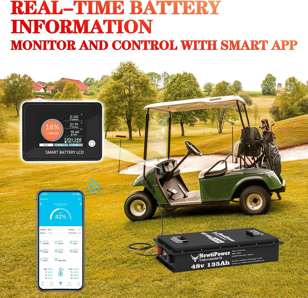 48V 135Ah Golf Cart LiFePO4 Battery with Charger and Monitor, 6912Wh Lithium Battery with 200A BMS, Up to 10000+ Rechargeable Cycles, Perfect for Golf Cart, Solar Power Storage (48V*135Ah)