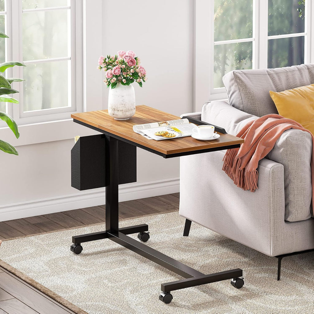Tribesigns Height Adjustable C Shaped End Table with Wheels and Side Pocket, Mobile Sofa Snack Table with Tiltable Drawing Board, Laptop Side Tray Table for Couch Bed (Walnut Brown)
